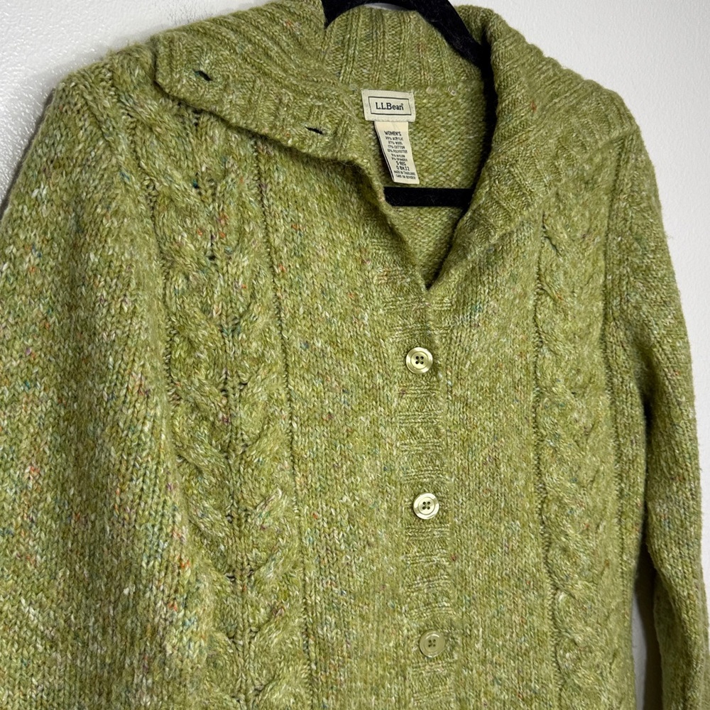 L.L. Bean Green Cable Knit Wool Blend Cardigan